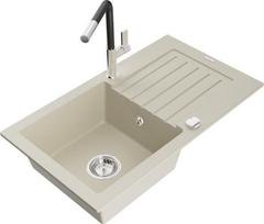 Granitinė virtuvinė plautuvė Mexen Pablo su maišytuvu ir sifonu, Beige/Black/Chrome