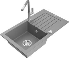 Granitinė virtuvinė plautuvė Mexen Pablo su maišytuvu ir sifonu, Grey/Chrome