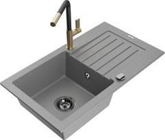 Granitinė virtuvinė plautuvė Mexen Pablo su maišytuvu ir sifonu, Grey/Black/Gold