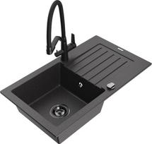 Granitinė virtuvinė plautuvė Mexen Pablo su maišytuvu ir sifonu, Black granite/Black
