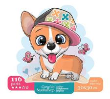 Corgi in baseball cap - unikali MEDINĖ dėlionė iš 116 detalių