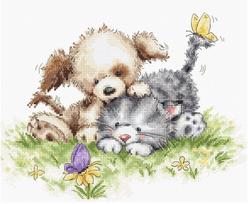 Dog and Cat with Butterfly SB1185 - siuvinėjimo kryželiu rinkinys