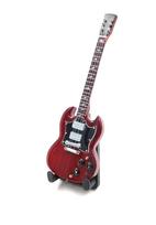 Mini gitara 15 cm, mahagono – Angus Young stiliaus, kolekcinė su stovu