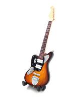 Kurt Cobain stiliaus mini gitara 15 cm, rankų darbo, mahagoninė, su stovu