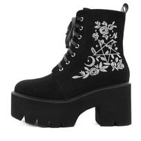 madingi Karštos Moteriškos Suede Siuvinėti Aukštakulniai Ankle Boots Storas Kulnas Platformos Batai Juodi Moteriški Šoninis Užtrauktukas Trumpi Batai Didelis Dydis 43 35 juoda
