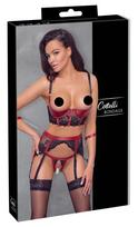 Cottelli Bondage - matinė, nėriniuota krūtinę kelianti liemenėlės ir kelnaičių rinktinė (raudona) - XL