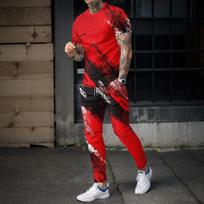 Vyriškas ilgas kelnių sportinis kostiumas 2 dalių rinkinys 3D gradientinis trumpomis rankovėmis T-shirt + ilgos kelnės dviračių sportui, fitnesui, bėgiojimui, laisvalaikiui, gatvės apranga S red