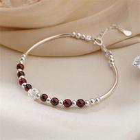 925 Sterling Silver Garnet Round Bead Charm Bracelets for Women Valentines Gift Wedding Jewelry  Pulseira raudona