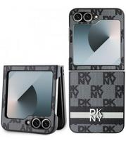 Juodas dėklas Samsung Galaxy Z Flip 6 / 7 FE telefonui "DKNY PU Leather Checkered Pattern and Stripe Case"