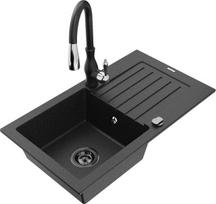 Granitinė virtuvinė plautuvė Mexen Pablo su maišytuvu ir sifonu, Metallic black/Silver/Black