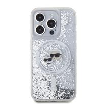 Karl Lagerfeld Liquid Glitter Karl and Choupette Heads MagSafe dėklas telefonui Apple iPhone 15 Pro skaidrus