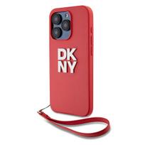 DKNY PU Leather Stack Logo Wrist Strap dėklas telefonui Apple iPhone 15 Pro Max raudonos spalvos