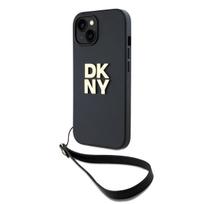 DKNY PU Leather Stack Logo Wrist Strap dėklas telefonui Apple iPhone 13 juodos spalvos