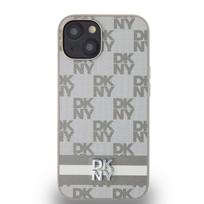 DKNY PU odos languoto rašto ir dryžuotas dėklas telefonui iPhone 15 Beige