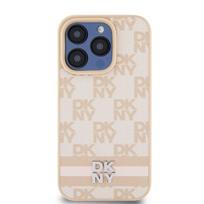DKNY PU Leather Checkered Pattern and Stripe dėklas telefonui Apple iPhone 13 Pro Max rožinės spalvos