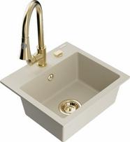 Granitinė virtuvinė plautuvė Mexen Milo su maišytuvu ir sifonu, Beige/Gold