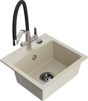 Granitinė virtuvinė plautuvė Mexen Milo su maišytuvu ir sifonu, Beige/Black/Chrome