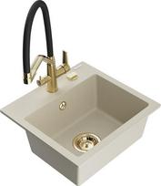 Granitinė virtuvinė plautuvė Mexen Milo su maišytuvu ir sifonu, Beige/Black/Gold