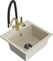 Granitinė virtuvinė plautuvė Mexen Milo su maišytuvu ir sifonu, Beige/Black/Gold