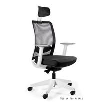 Profesionali ergonominė biuro kėdė | Su galvos atrama ir baltos spalvos porankiais | Juoda