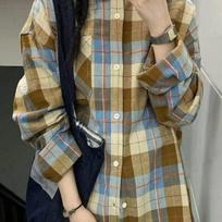 Ladies Green Plaid Shirt Summer Vintage Loose Daliy Long Sleeved Tops Versatile Tops Casual Couples Lapel Collar Clothes S šviesiai ruda spalva