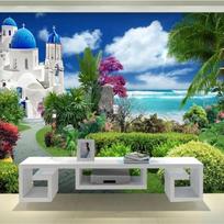 tapetai 3D freska Egejo sodas foninė siena Europos sodo namelis apvalios medinės durys tapetai popieriniai tapetai 200 cm(W) x 140 cm(H) white