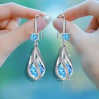 925 Sterling Silver Fine Blue Crystal Earrings for Women Luxury Fashion Jewelry Party Wedding Accessories Gifts