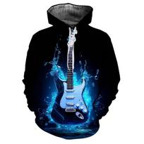 Retro mėlynas bosinės gitaros 3D spausdinimo gobtuvas vyrams, madingi laisvalaikio muzikos instrumentų rašto megztiniai, juokingi asmenybės gatvės gobtuvai S