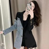 Women's Spring and Fall Loose Splicing Denim Jacket Temperament Design Sense Asymmetric Blazer XXS gray