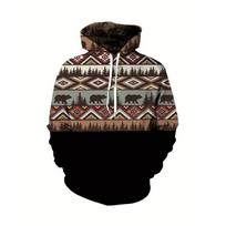 Vintage Men's Hooded Sewatshirt Ethnic Prin Hoodie Fall Casual Short Sleeve Top Fashion Outdoor Pullover Male Oversized Clothing S