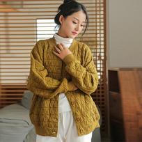 Printed Double-Sided Loose Cotton Jacket Women's Vintage Patchwork Quilted Coat Long Sleeve Warm Overcoat Daily Retro Style M geltona