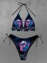 Rosegal Gotikinis Kaukolės Drugelio Ombre Galaktikos Rašto Susišildomas Kaklaraiščiu Bikini Komplektas XL juoda