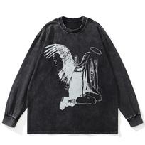 Streetwear Fallen Angel Graphic Washed Black T-Shirt Cotton Unisex Plus Size Long Sleeves T Shirt S juoda