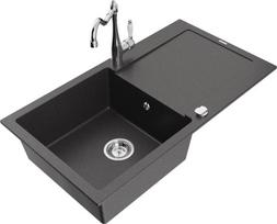 Granitinė virtuvinė plautuvė Mexen Leo su maišytuvu ir sifonu, Black granite+Chrome