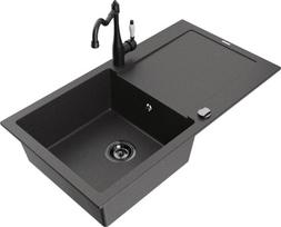 Granitinė virtuvinė plautuvė Mexen Leo su maišytuvu ir sifonu, Black granite+Black