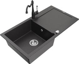 Granitinė virtuvinė plautuvė Mexen Leo su maišytuvu ir sifonu, Black granite