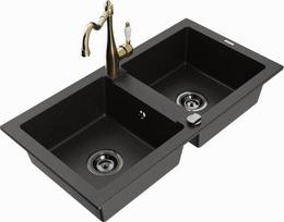 Granitinė virtuvinė plautuvė Mexen Mario su maišytuvu ir sifonu, Metallic black/gold+Gold