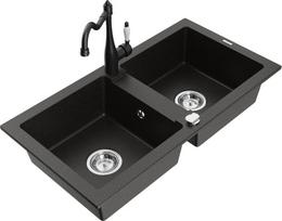 Granitinė virtuvinė plautuvė Mexen Mario su maišytuvu ir sifonu, Metallic black/gold+Black
