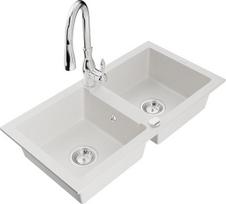 Granitinė virtuvinė plautuvė Mexen Mario su maišytuvu ir sifonu, White+Chrome