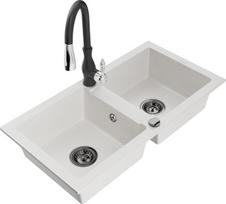 Granitinė virtuvinė plautuvė Mexen Mario su maišytuvu ir sifonu, White+Black