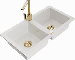 Granitinė virtuvinė plautuvė Mexen Mario su maišytuvu ir sifonu, White+Gold
