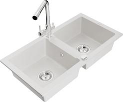 Granitinė virtuvinė plautuvė Mexen Mario su maišytuvu ir sifonu, White+Chrome
