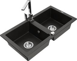 Granitinė virtuvinė plautuvė Mexen Mario su maišytuvu ir sifonu, Metallic black/gold+Chrome
