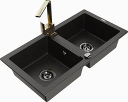 Granitinė virtuvinė plautuvė Mexen Mario su maišytuvu ir sifonu, Metallic black/gold+Gold