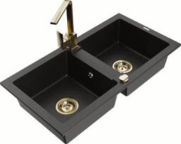 Granitinė virtuvinė plautuvė Mexen Mario su maišytuvu ir sifonu, Metallic black/gold+Gold