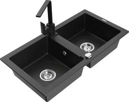 Granitinė virtuvinė plautuvė Mexen Mario su maišytuvu ir sifonu, Metallic black/gold+Black
