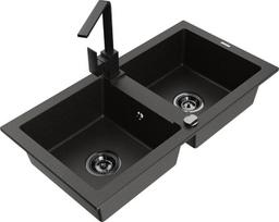 Granitinė virtuvinė plautuvė Mexen Mario su maišytuvu ir sifonu, Metallic black/gold+Black