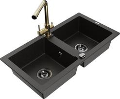 Granitinė virtuvinė plautuvė Mexen Mario su maišytuvu ir sifonu, Metallic black/gold+Gold