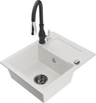 Granitinė virtuvinė plautuvė Mexen Enzo su maišytuvu ir sifonu, White+Black