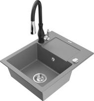 Granitinė virtuvinė plautuvė Mexen Enzo su maišytuvu ir sifonu, Grey+Black